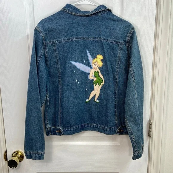 Disney Tinker Bell medium wash rustic button embroidered denim jacket cotton L - Picture 1 of 7